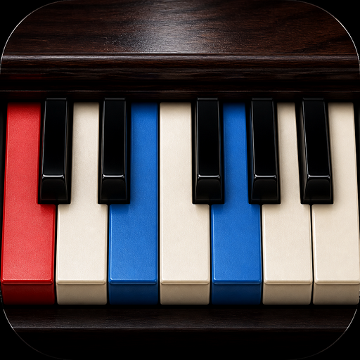 PianoAnyway app icon — piano keys with red and blue highlights